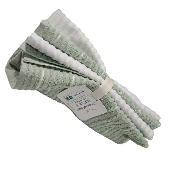Thyme and Sage Kitchen Towel Set of 4pcs Green and White Striped Turkish Cotton - Picture 9 of 10